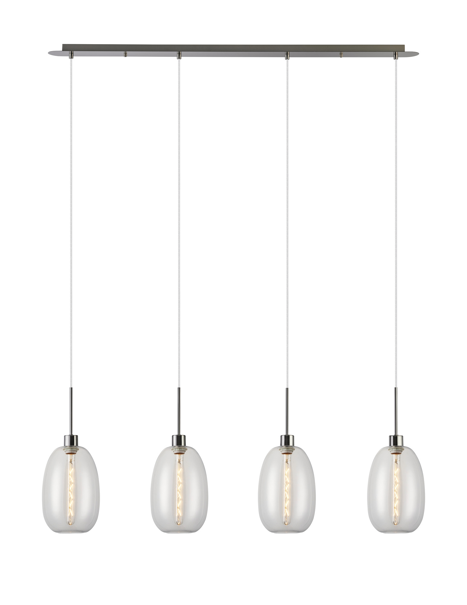 DK1402  Lori Linear Pendant, 4 Light Adjustable E27, Satin Nickel/Clear Slim Curved Trapezium Shades
